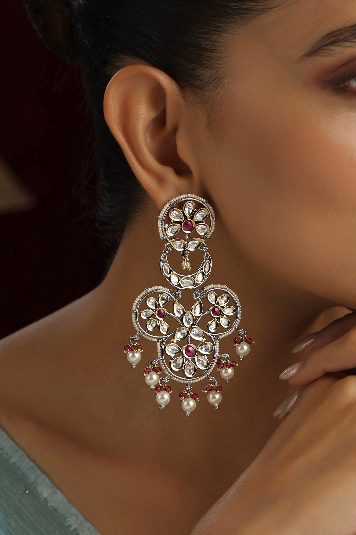 Riha Red and Silver Polki Chandbali Earrings