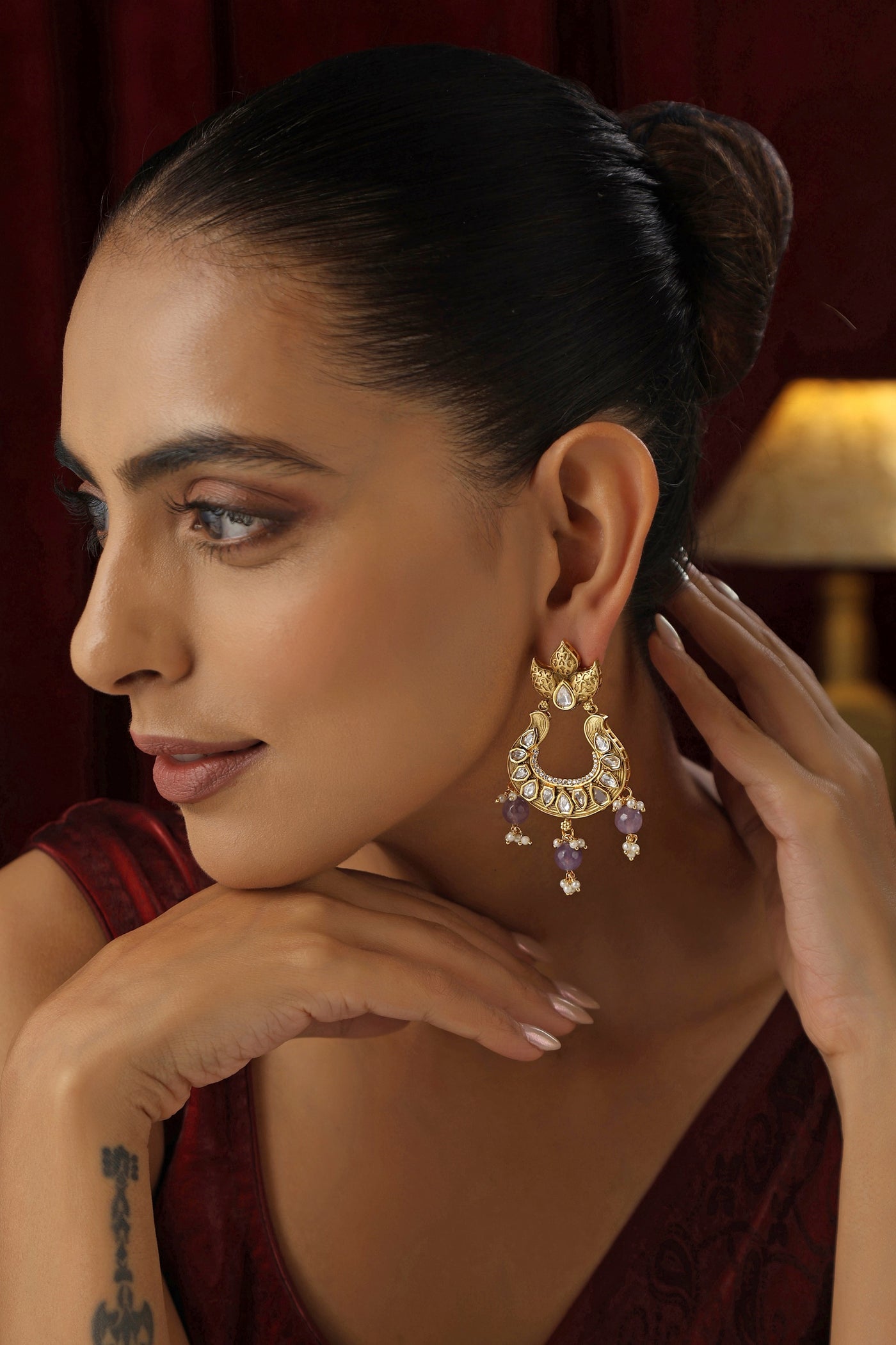 Alaaya Lavender Kundan Chandbali Earrings