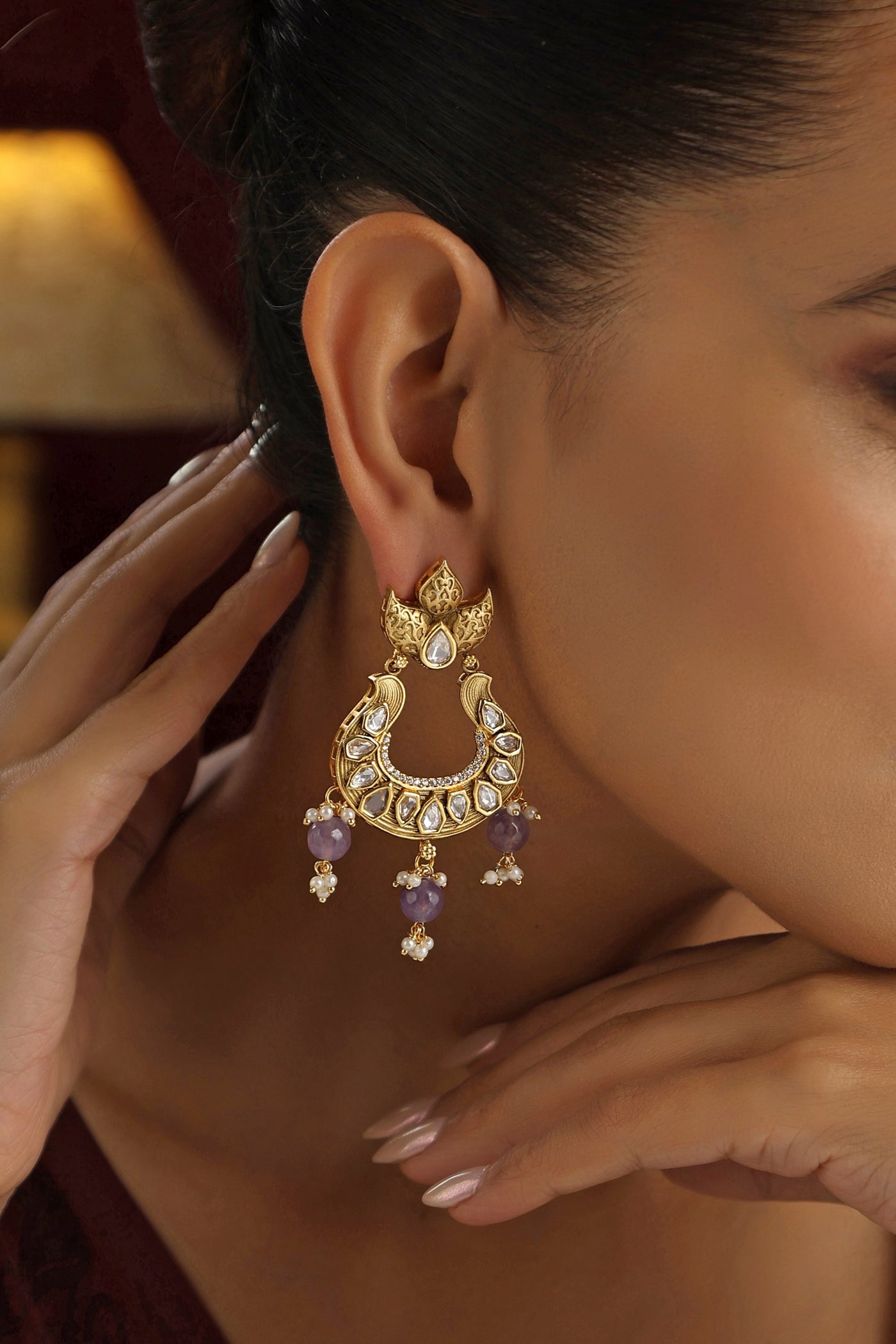 Alaaya Lavender Kundan Chandbali Earrings