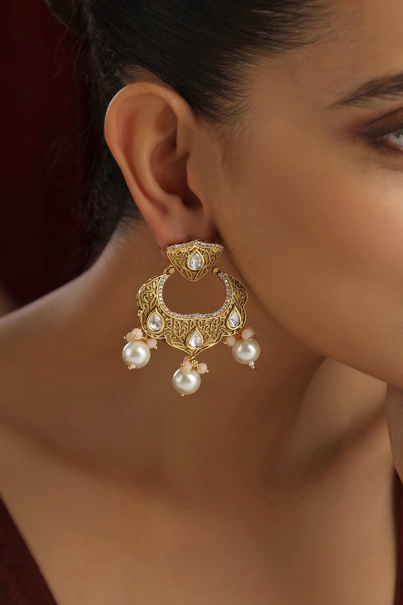 Fiorasi Gold Kundan Chandbali Earrings