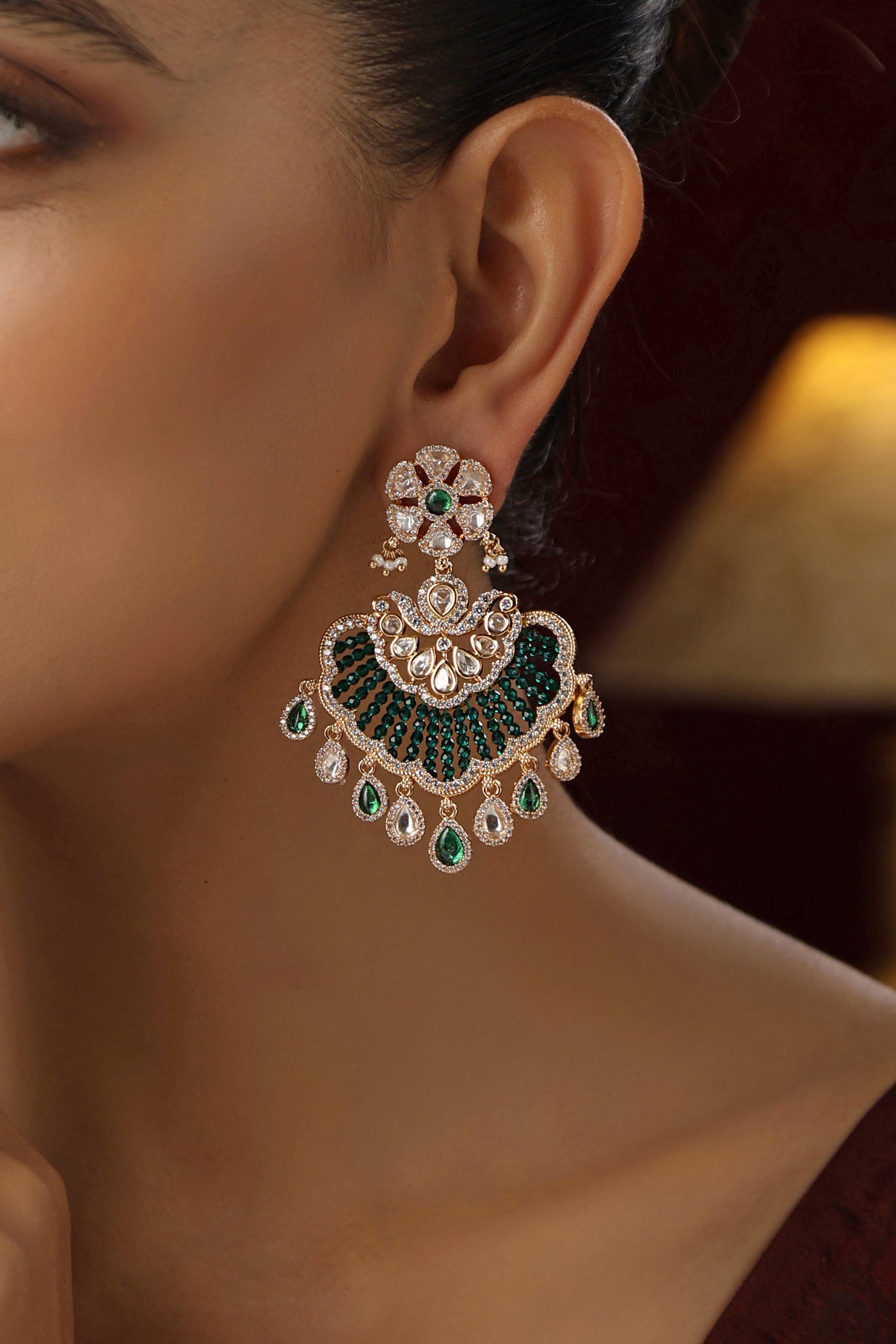 Oni Green Polki Chandbali Earrings