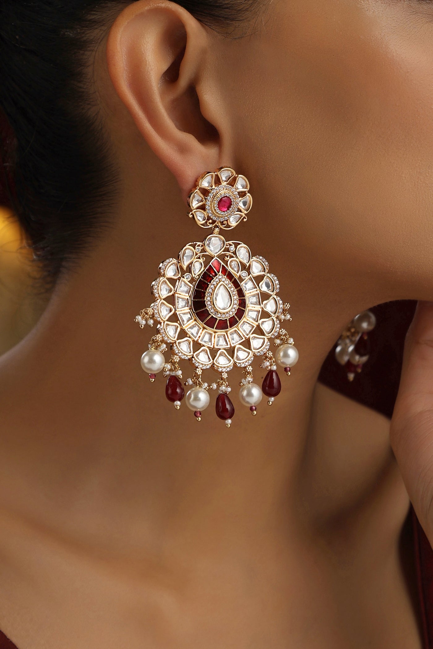 Shehnaaz Red Polki Dangler Earrings