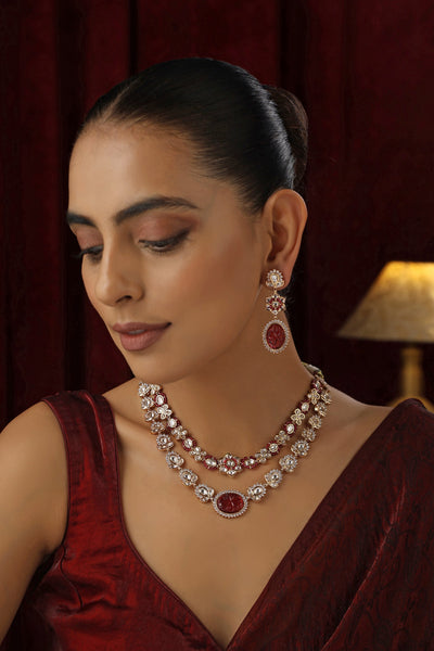 Omera Red Polki Layered Necklace Set