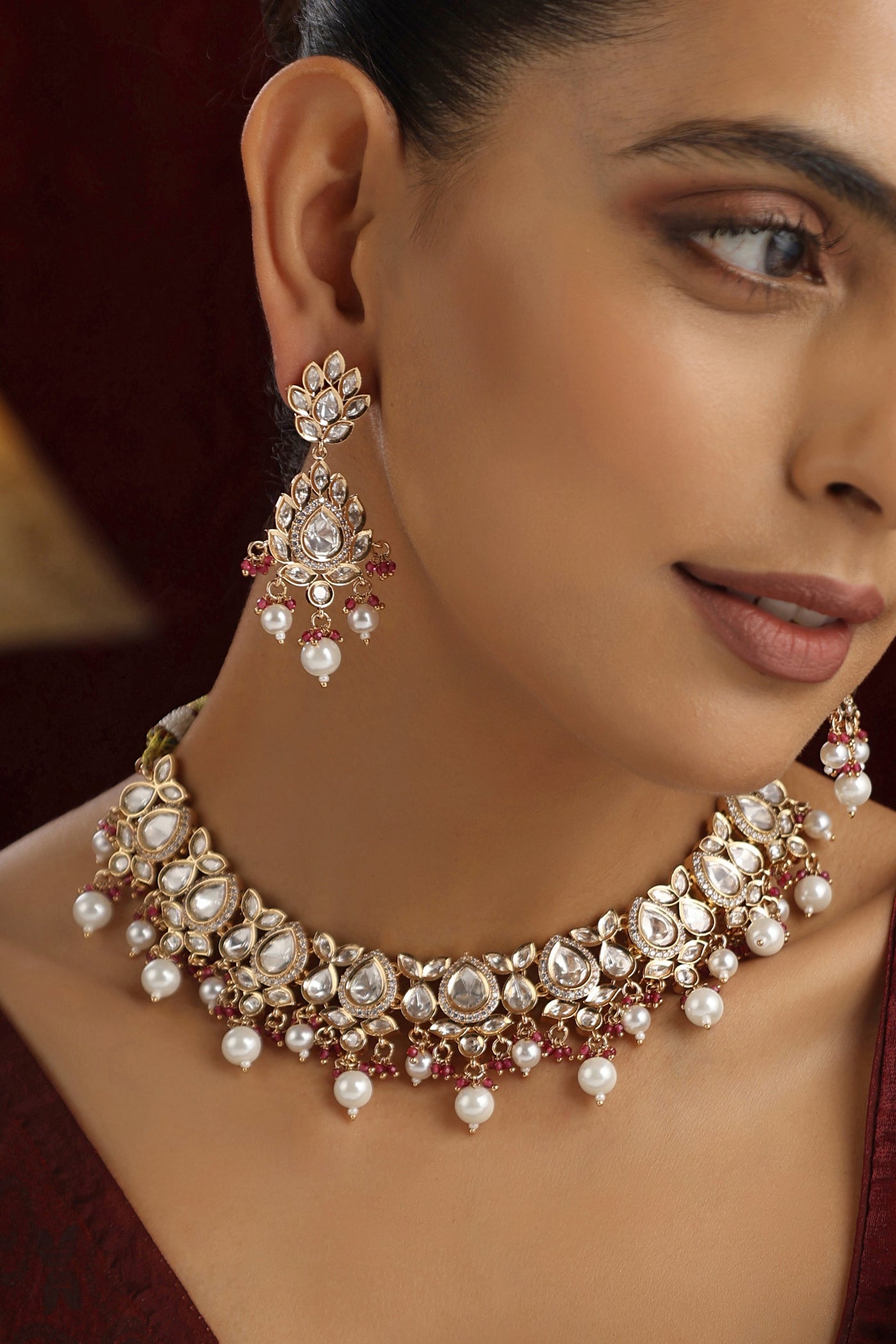 Gehna Red Polki and Pearls Necklace Set