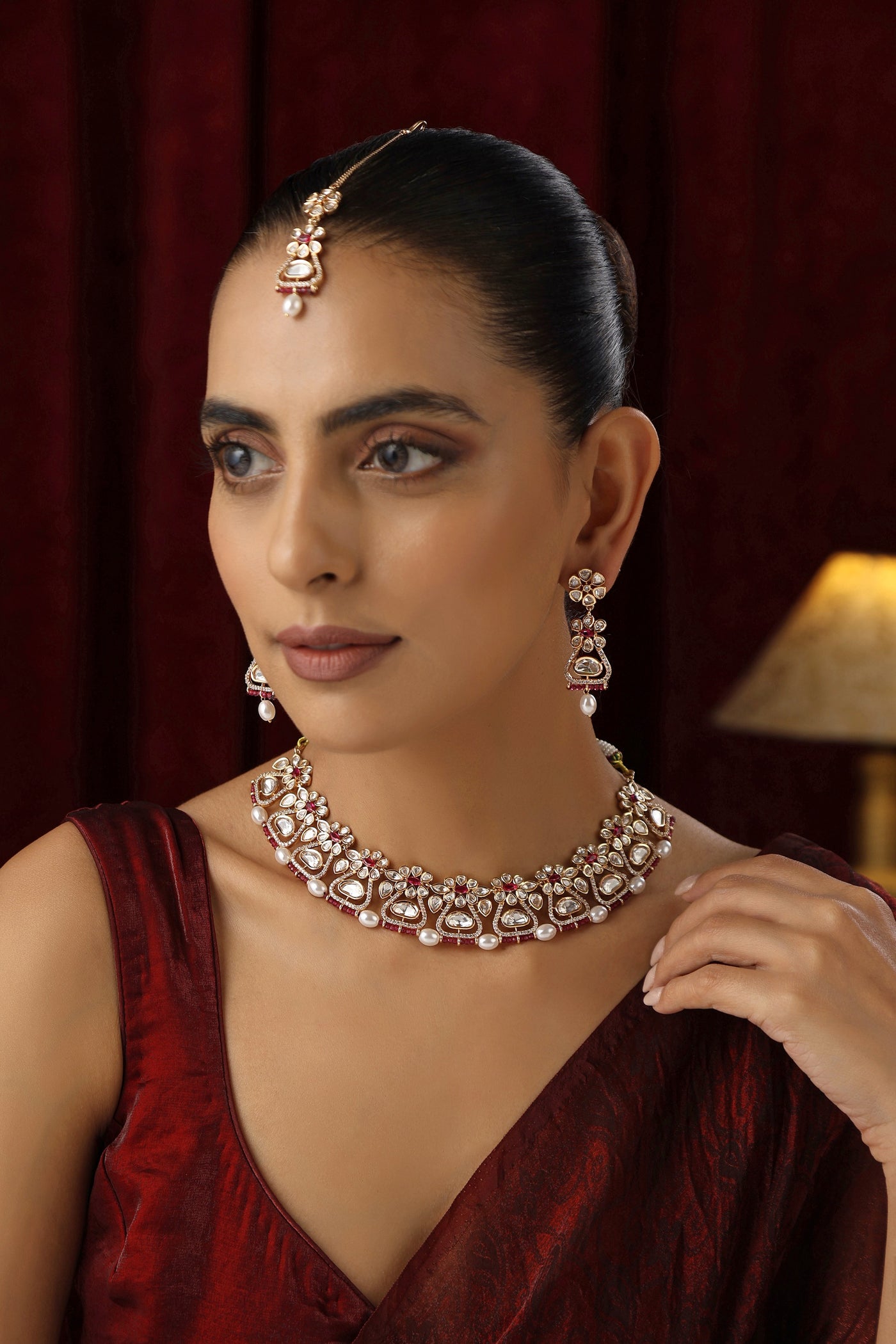 Cheena Red Polki Necklace Set with Maang Tikka