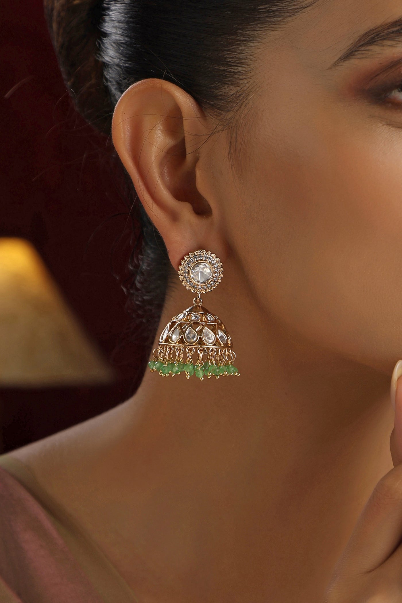 Miya Green Polki Jhumka Earrings