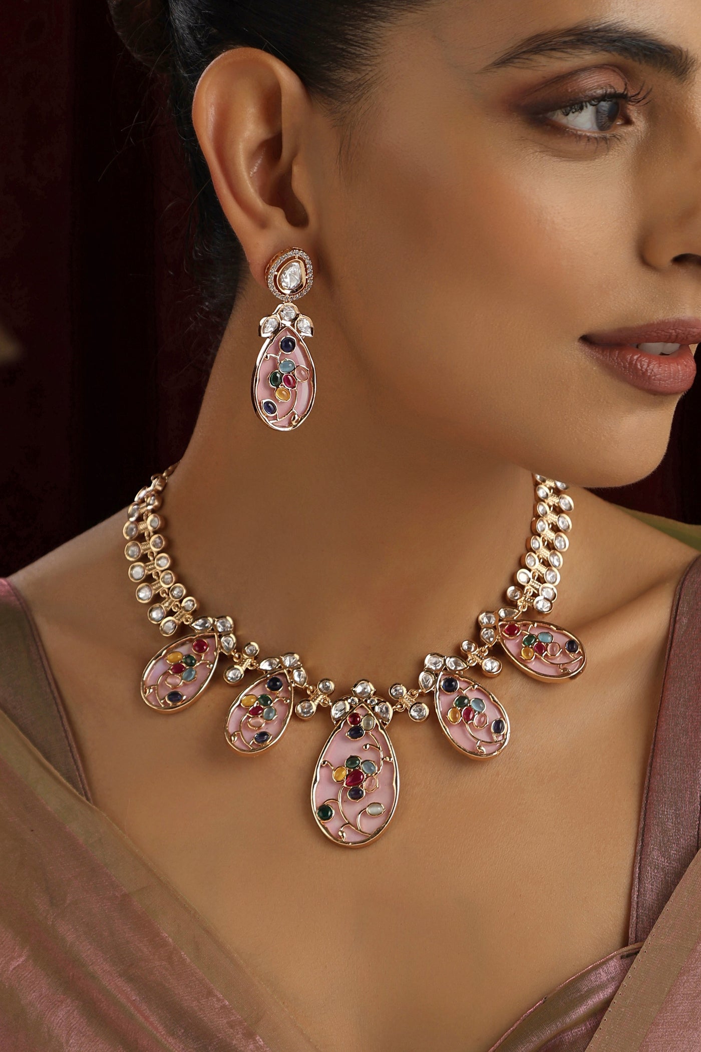 Vrutti Pink Polki Necklace Set