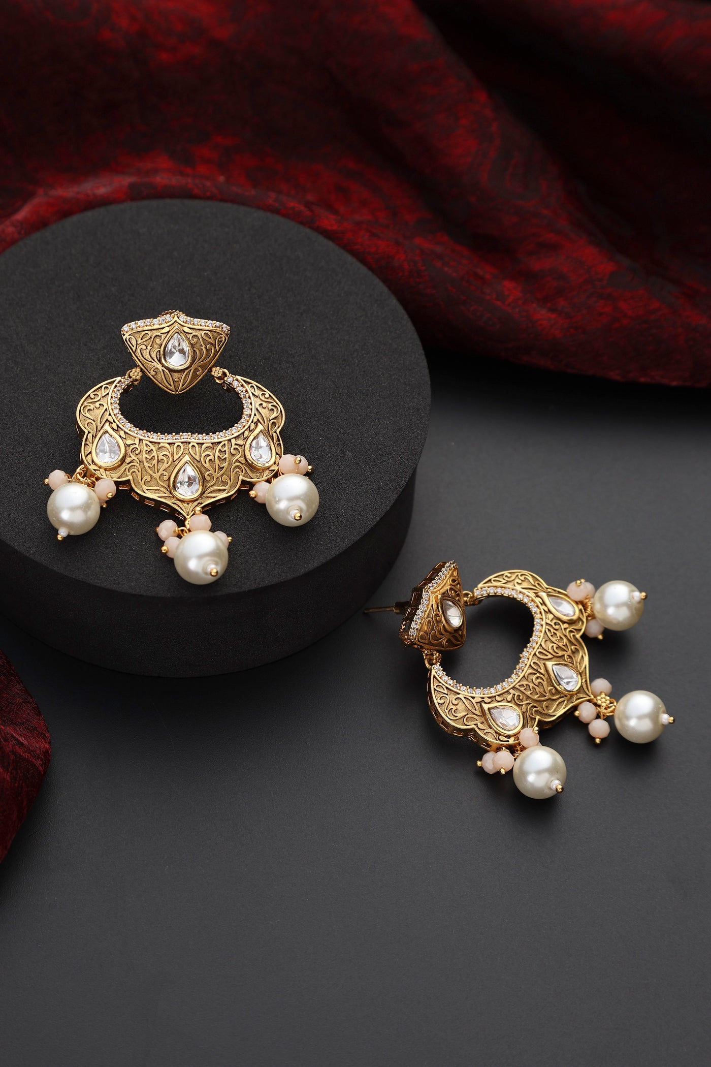 Fiorasi Gold Kundan Chandbali Earrings