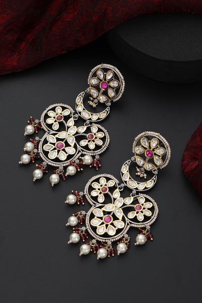 Riha Red and Silver Polki Chandbali Earrings