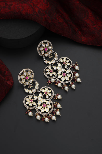 Riha Red and Silver Polki Chandbali Earrings