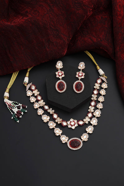 Omera Red Polki Layered Necklace Set