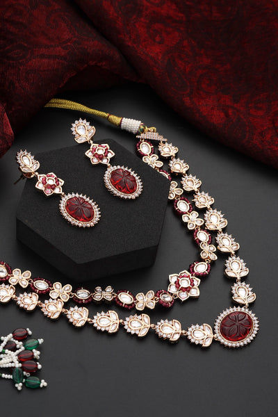 Omera Red Polki Layered Necklace Set