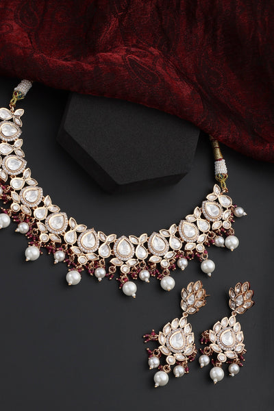 Gehna Red Polki and Pearls Necklace Set