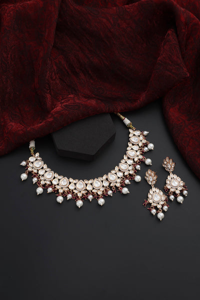 Gehna Red Polki and Pearls Necklace Set