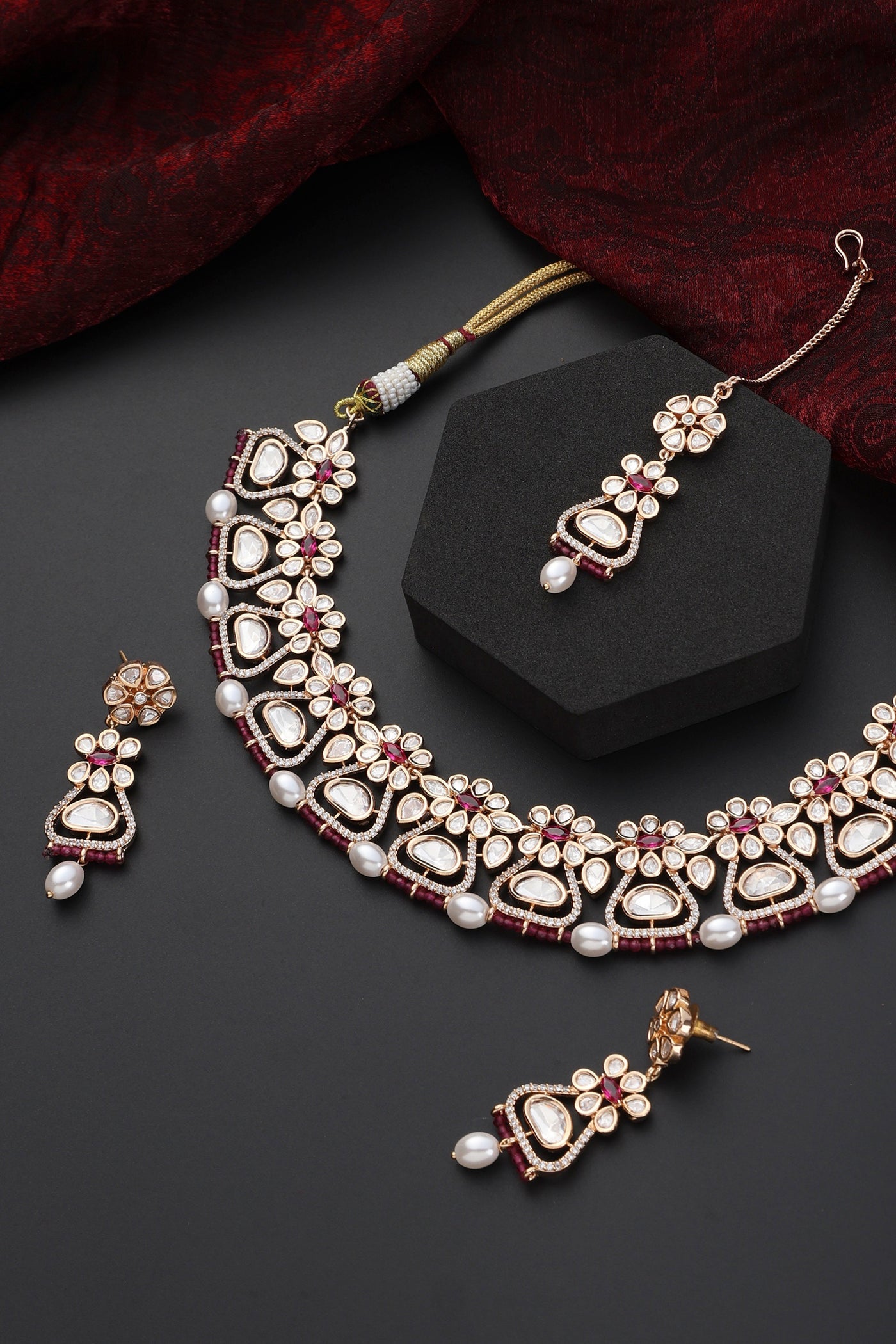 Cheena Red Polki Necklace Set with Maang Tikka