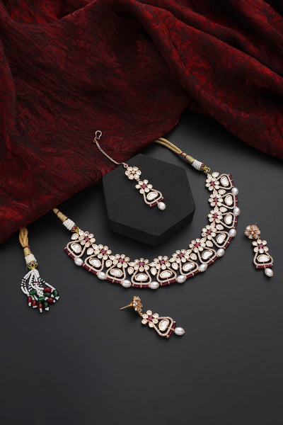 Cheena Red Polki Necklace Set with Maang Tikka