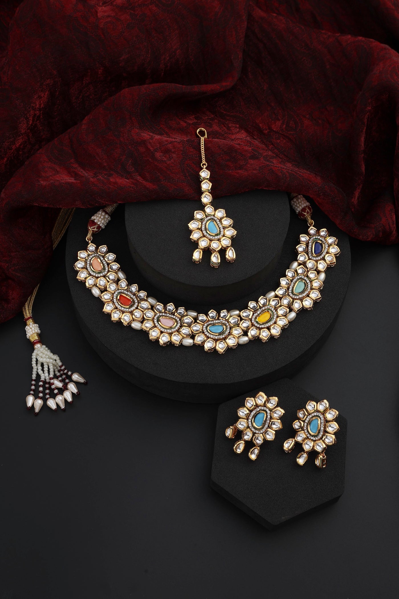 Yukti Navrattan Kundan Necklace Set with Maang Tikka