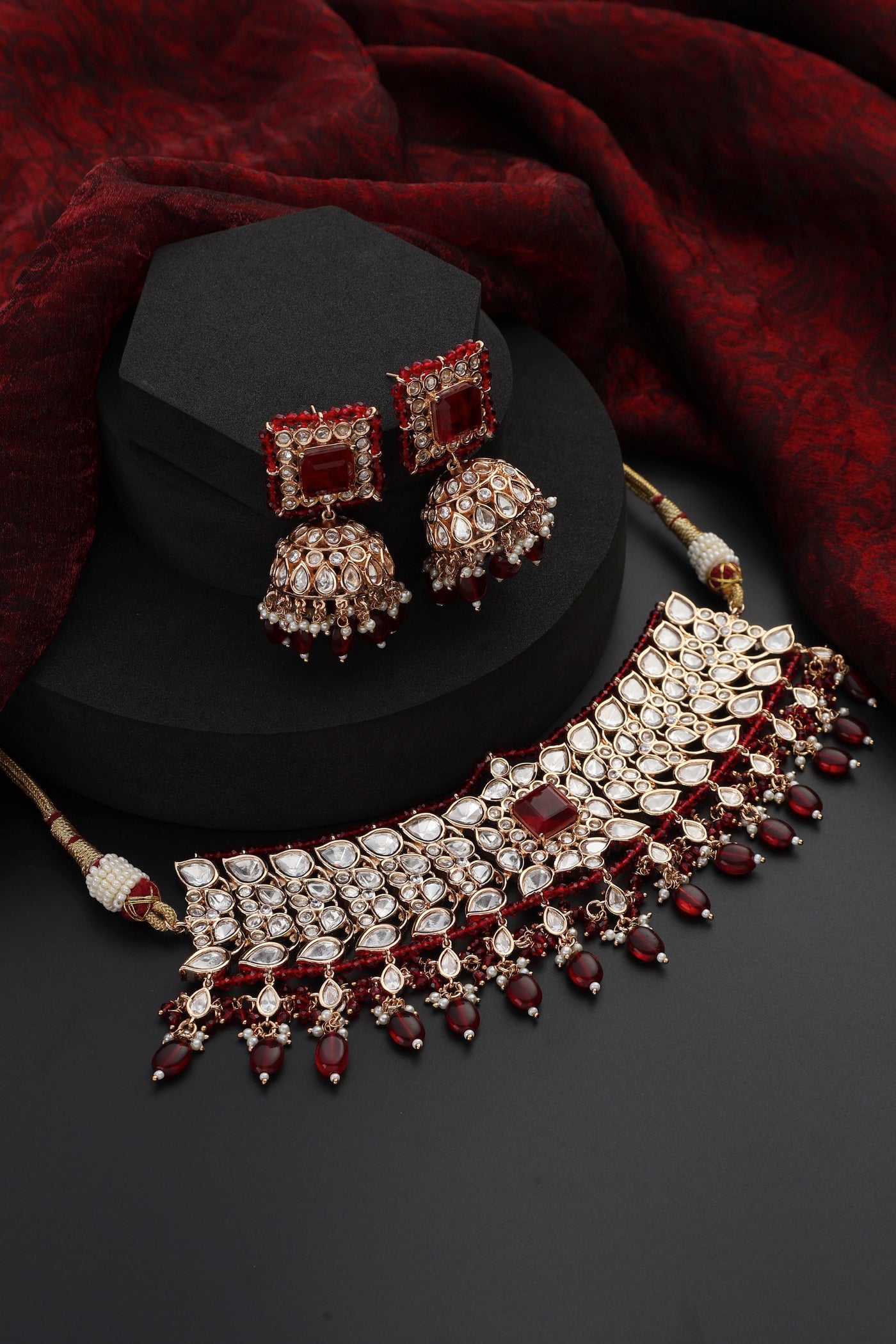 Aakifah Red Polki Choker Necklace Set