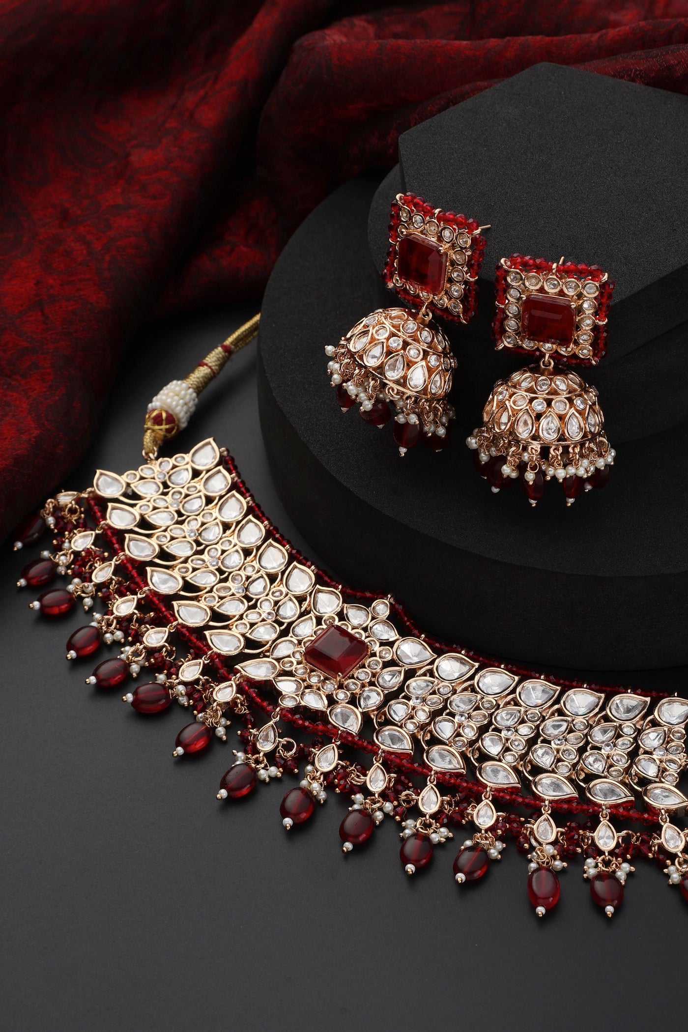 Aakifah Red Polki Choker Necklace Set