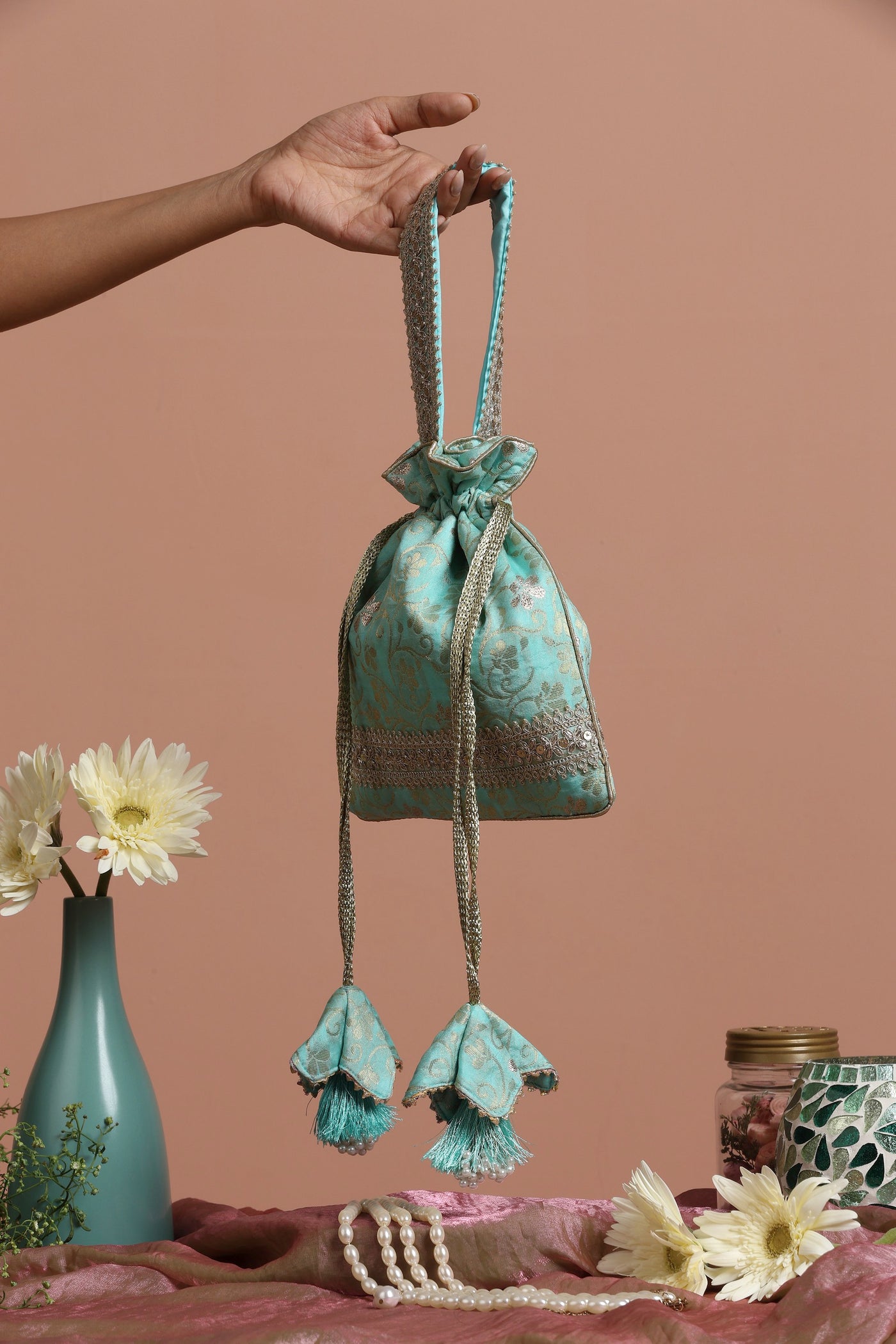 Aakriti Mint Silk Brocade Potli Bag