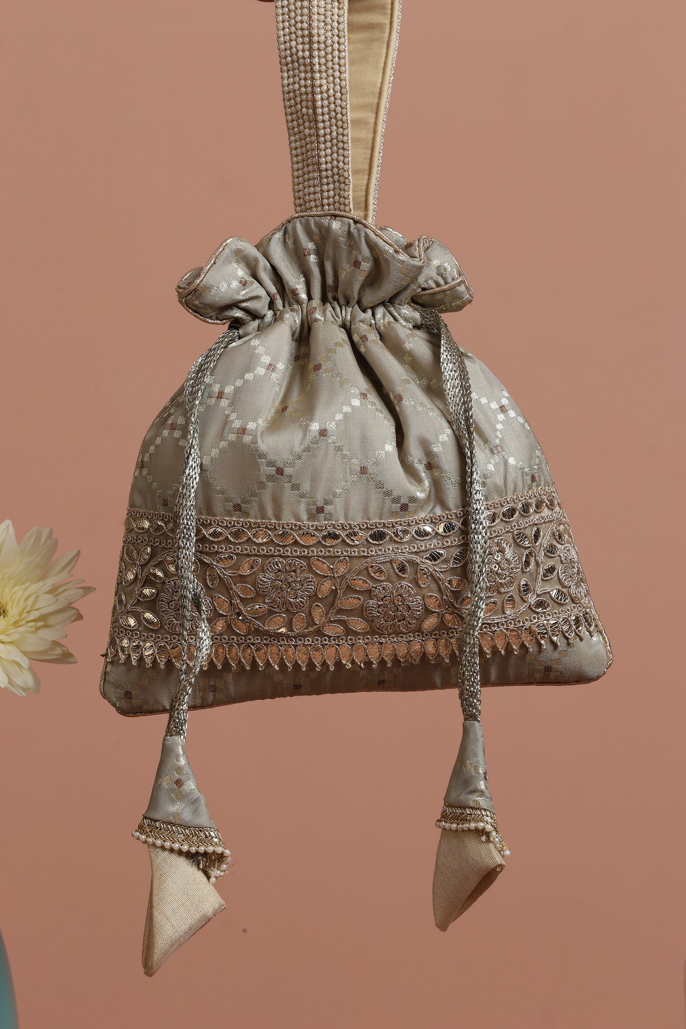 Pitika Grey Brocade Potli Bag