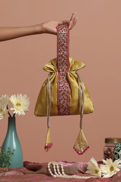 Dandelion Magenta and Pista Pure Silk Potli Bag