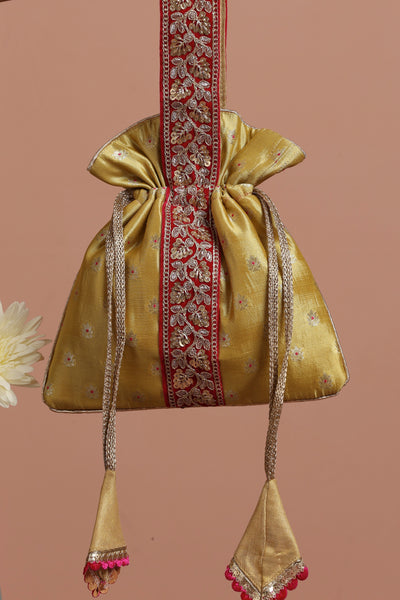 Dandelion Magenta and Pista Pure Silk Potli Bag