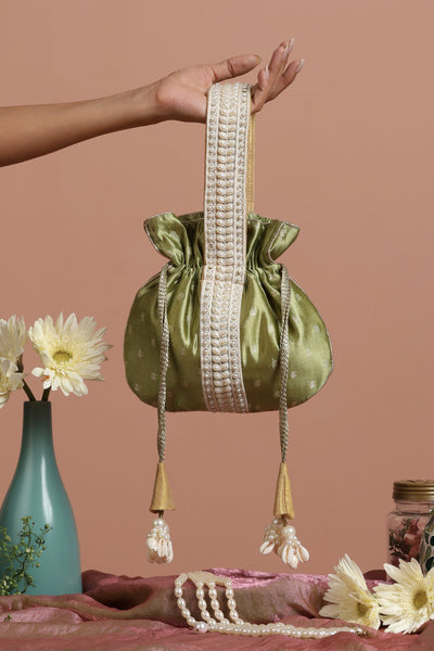 Amini Green Pure Silk Brocade Potli Bag