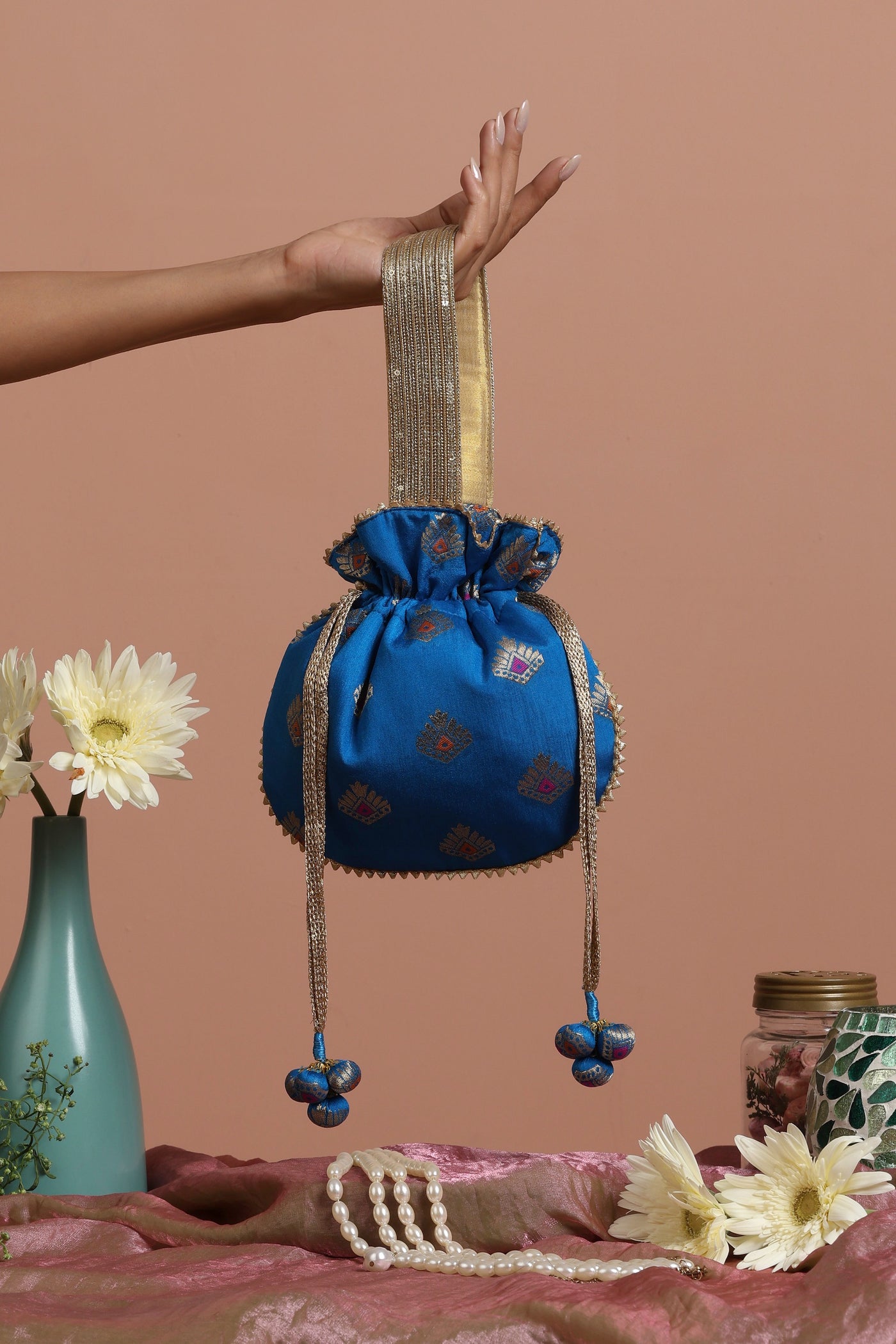 Misha Blue and Gold Brocade Potli Bag