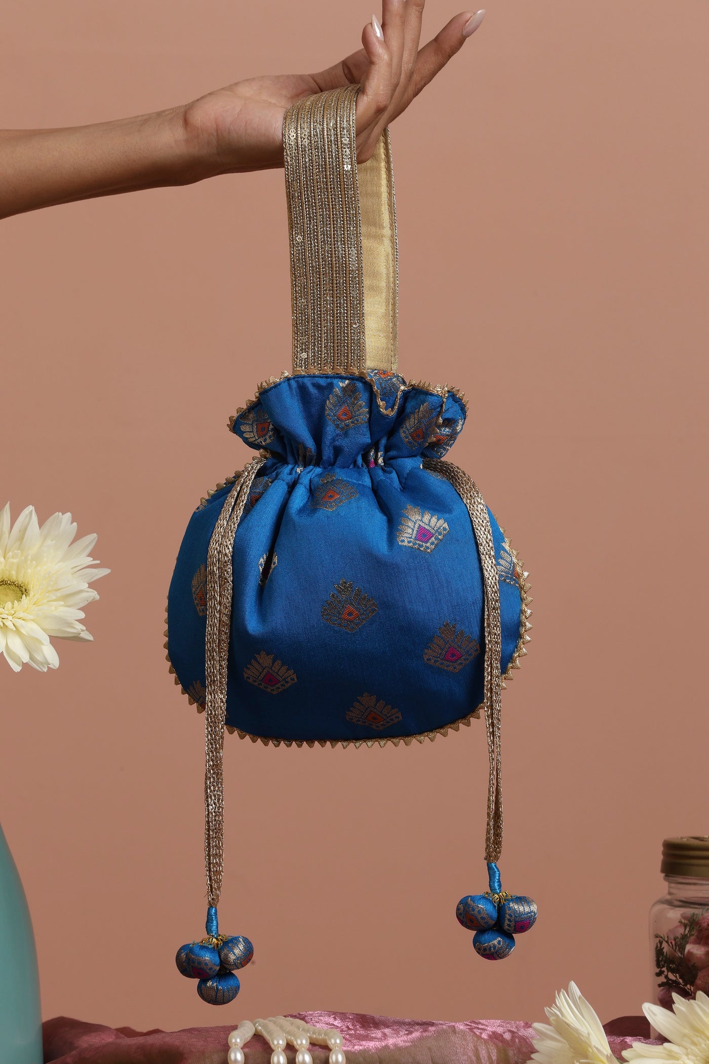 Misha Blue and Gold Brocade Potli Bag