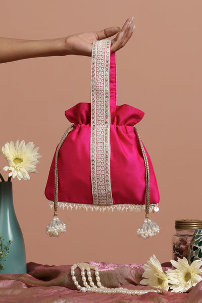 Saroshi Magenta and White Silk Potli Bag