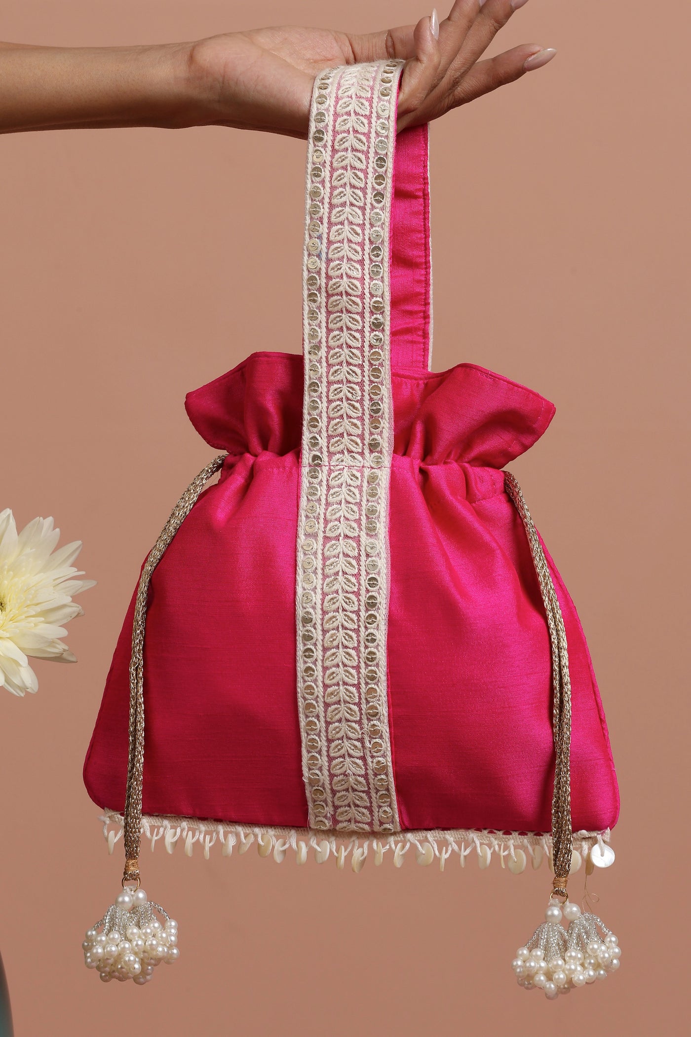 Saroshi Magenta and White Silk Potli Bag