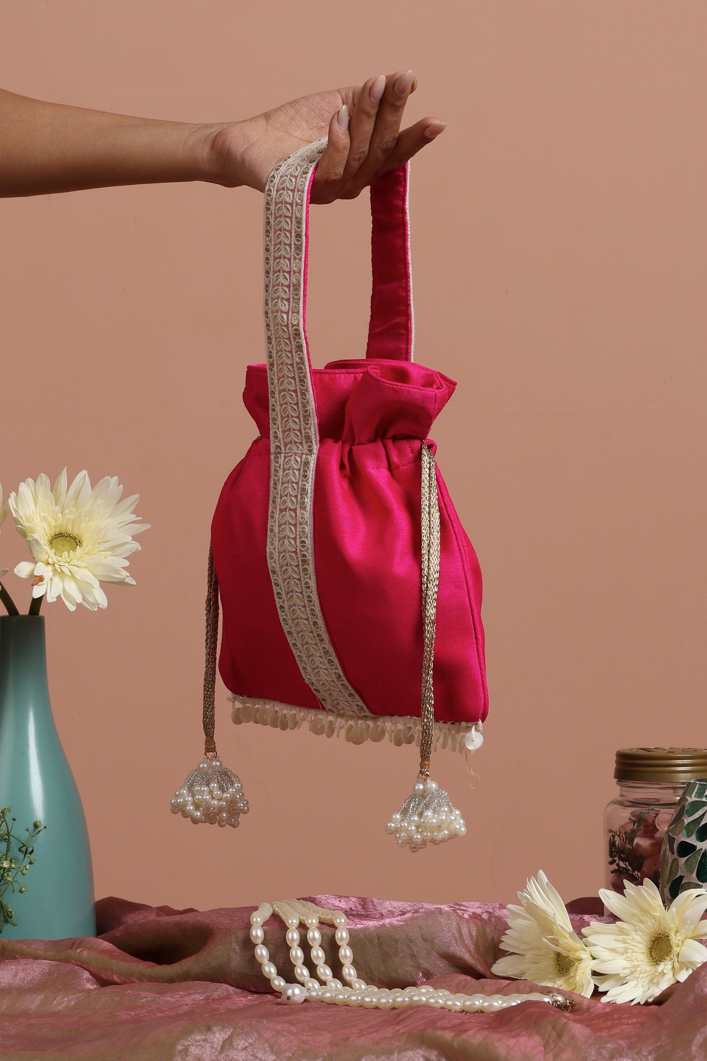 Saroshi Magenta and White Silk Potli Bag