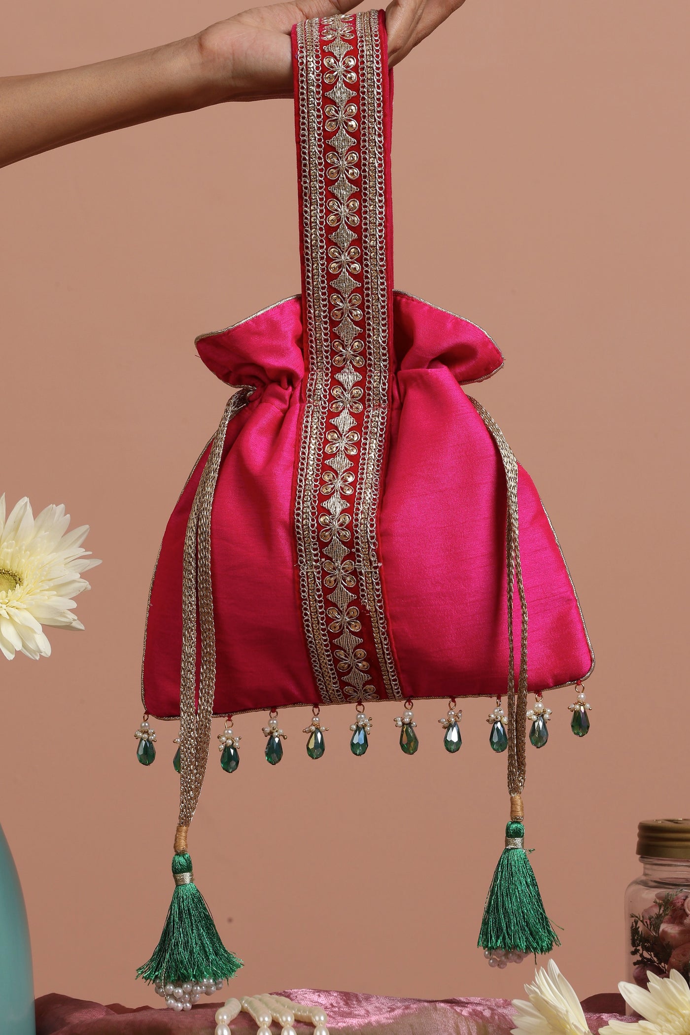 Saroshi Magenta and Green Silk Potli Bag