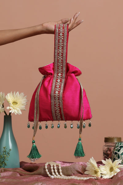 Saroshi Magenta and Green Silk Potli Bag