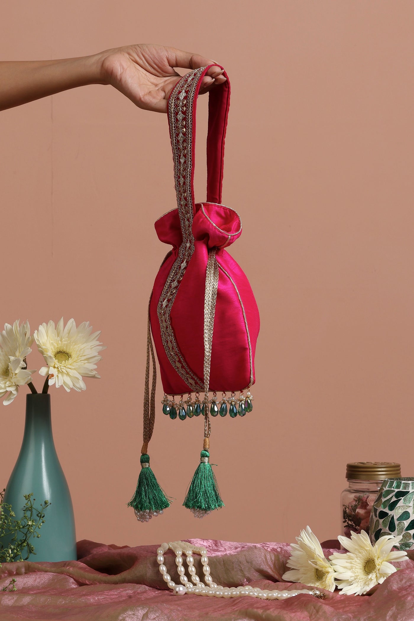 Saroshi Magenta and Green Silk Potli Bag