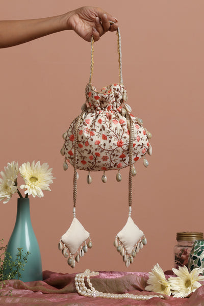 Floroi Cream and Peach Floral Potli Bag