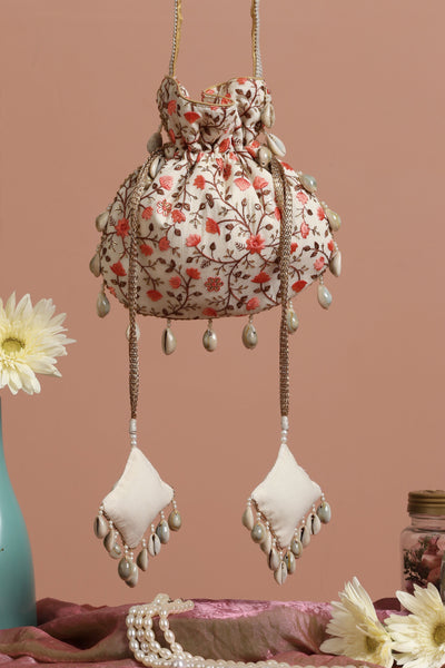 Floroi Cream and Peach Floral Potli Bag