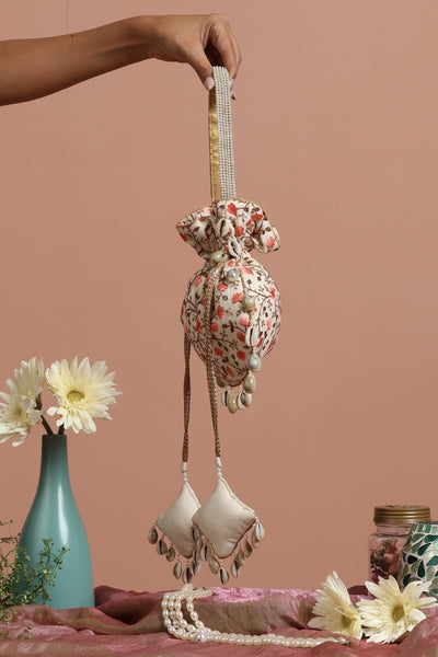 Floroi Cream and Peach Floral Potli Bag