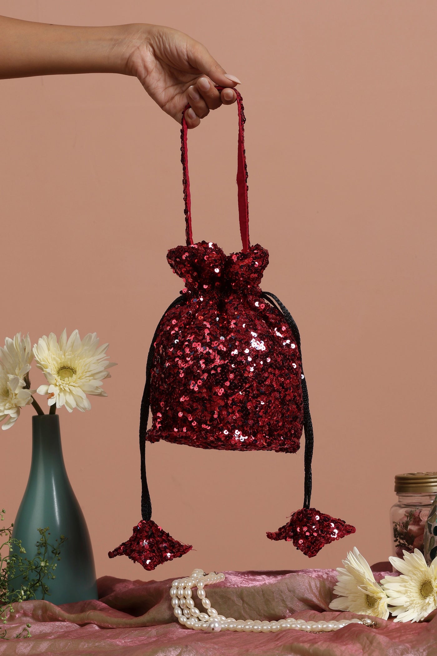 Isha Maroon Sequin Potli Bag