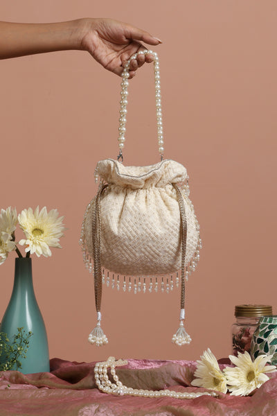 Karishma White with Gold Sequin Potli Bag