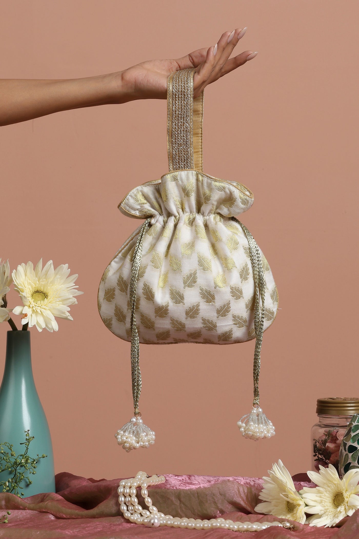 Chaya Gold and White Chanderi Potli Bag