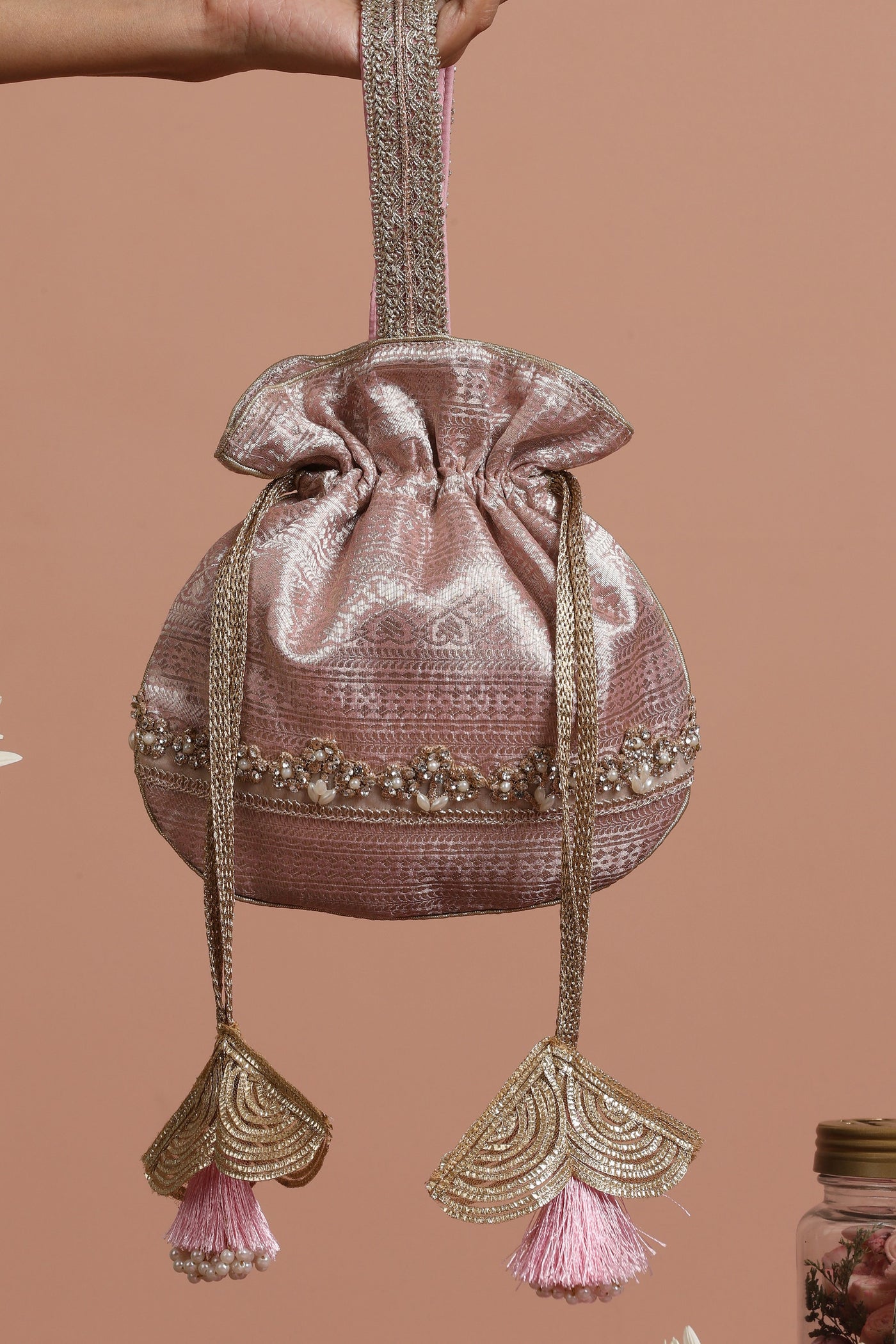 Ragini Pink Pure Silk Brocade Potli Bag SWABHIMANN