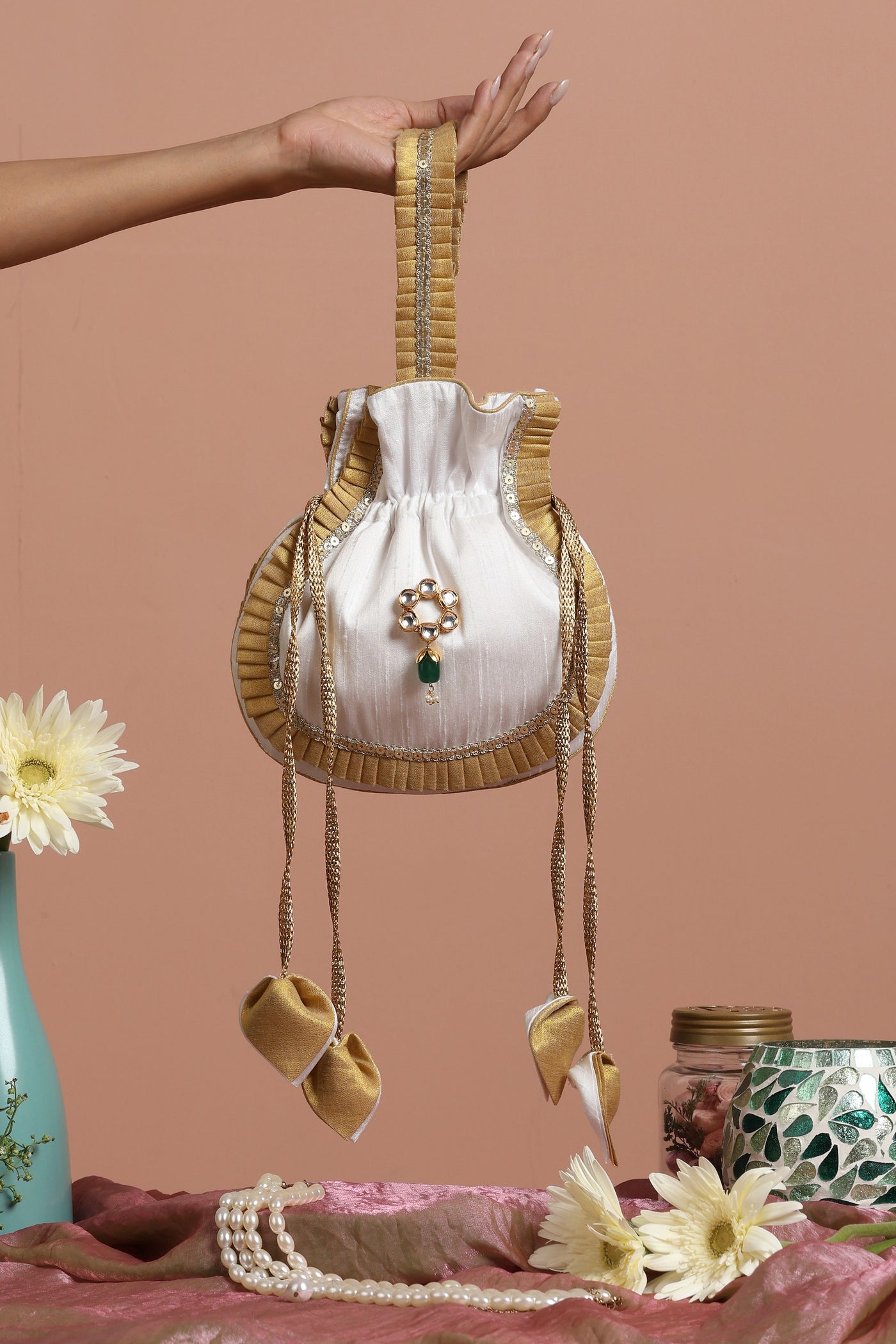 Vishakha Gold and White Silk Potli Bag