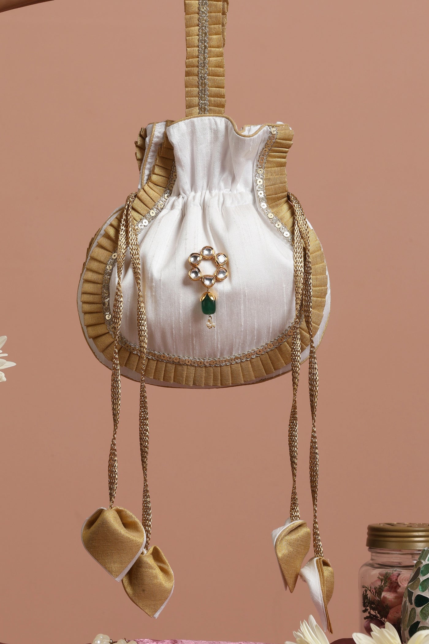 Vishakha Gold and White Silk Potli Bag