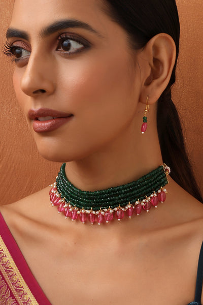 Gamya Green and Pink Choker Necklace Set