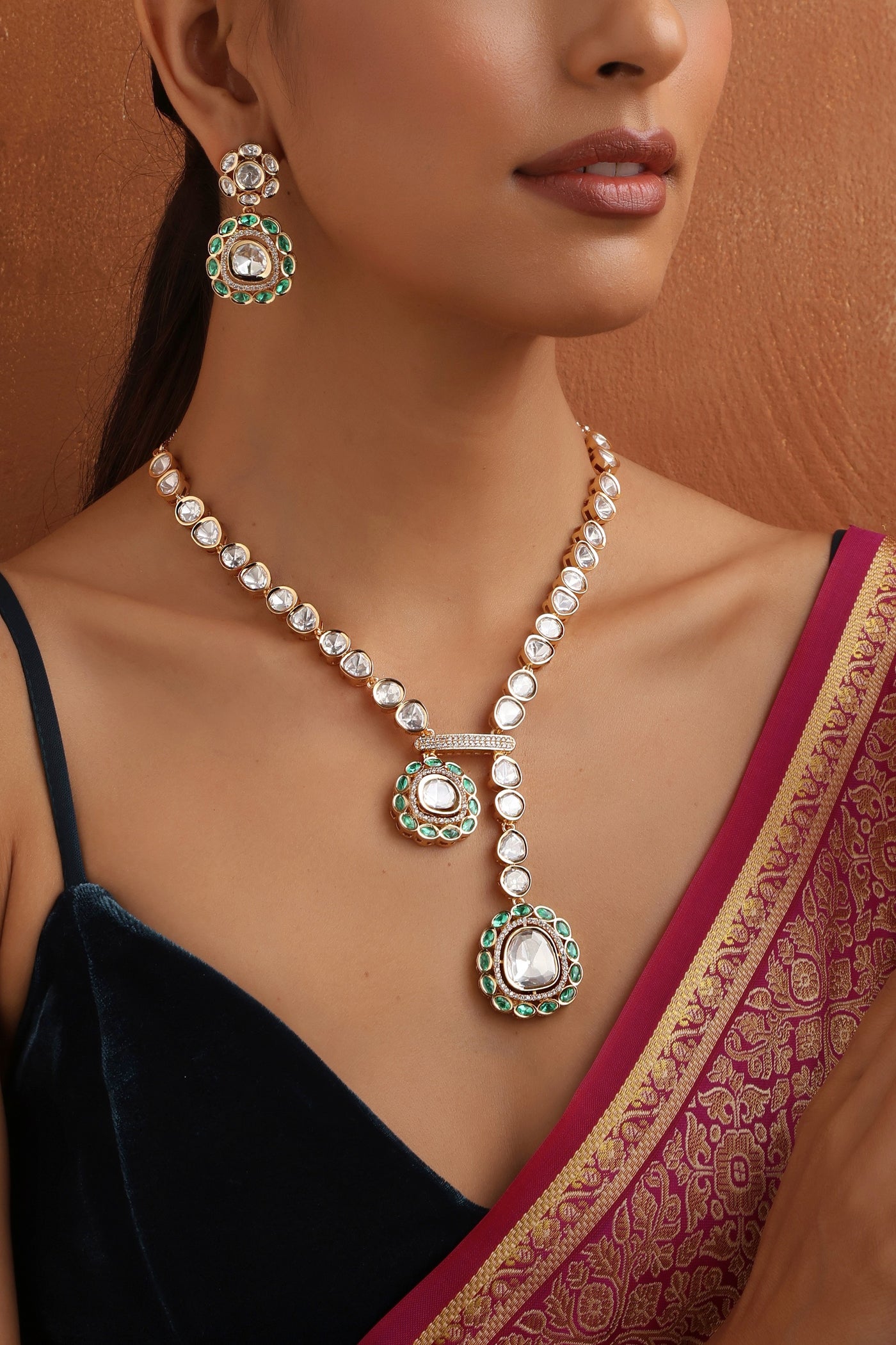 Yaavi Green Polki Necklace Set