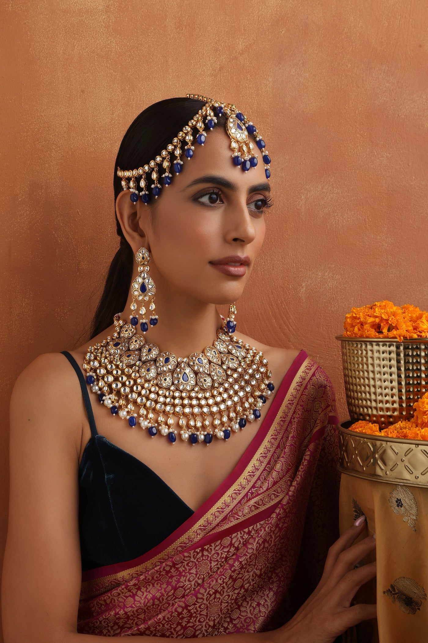 Latika Blue Kundan Necklace Set with Matha Patti