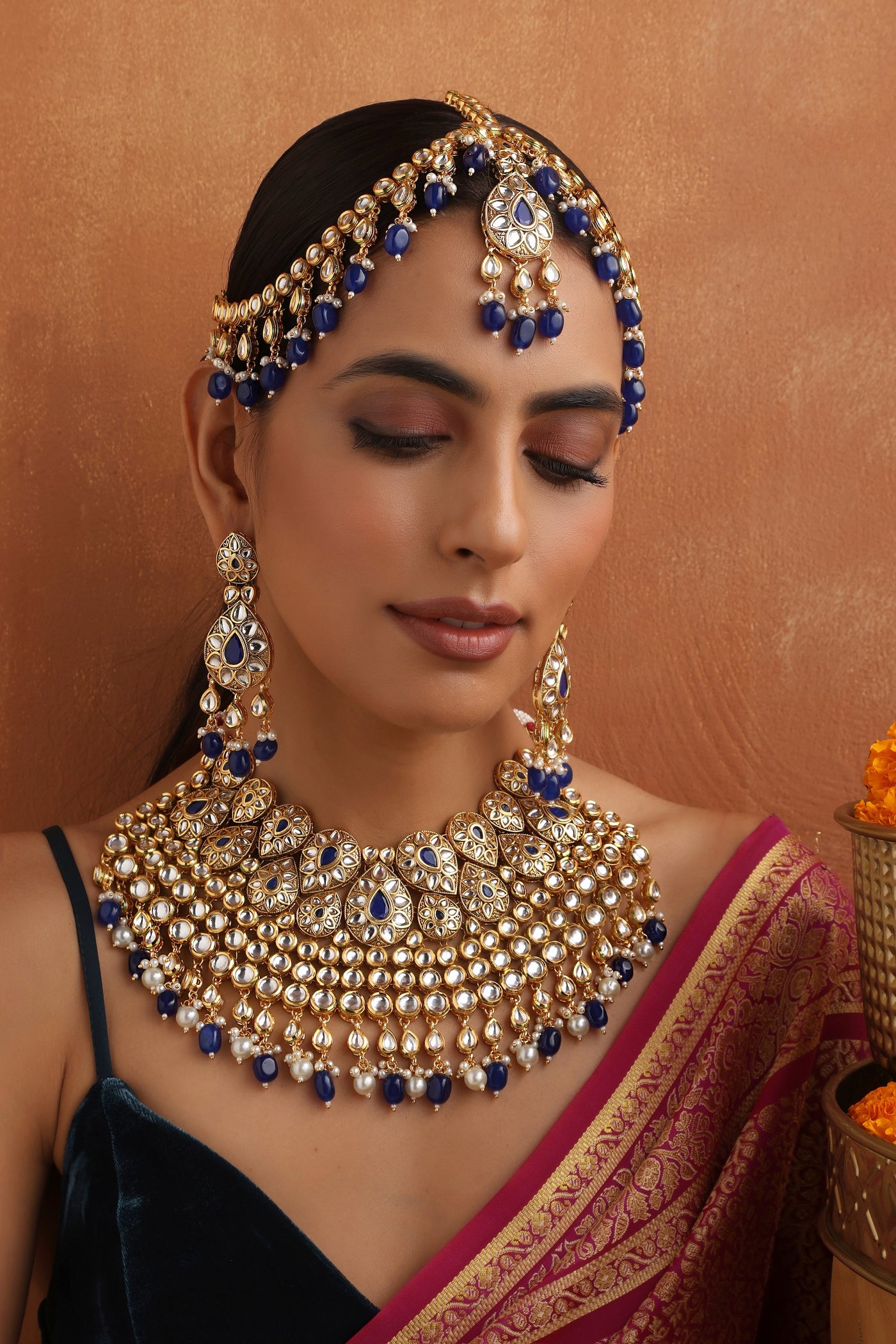 Latika Blue Kundan Necklace Set with Matha Patti