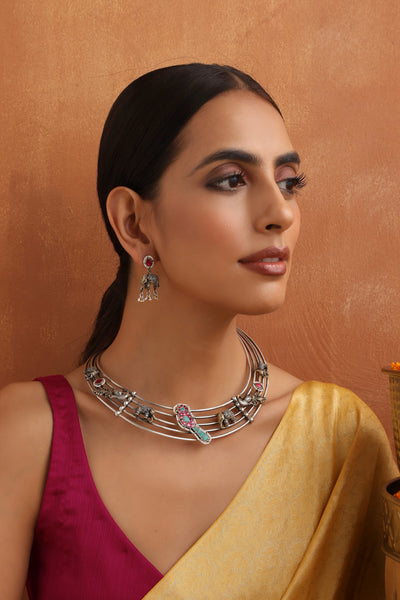 Migdha Multicolour Silver Hasli Necklace Set